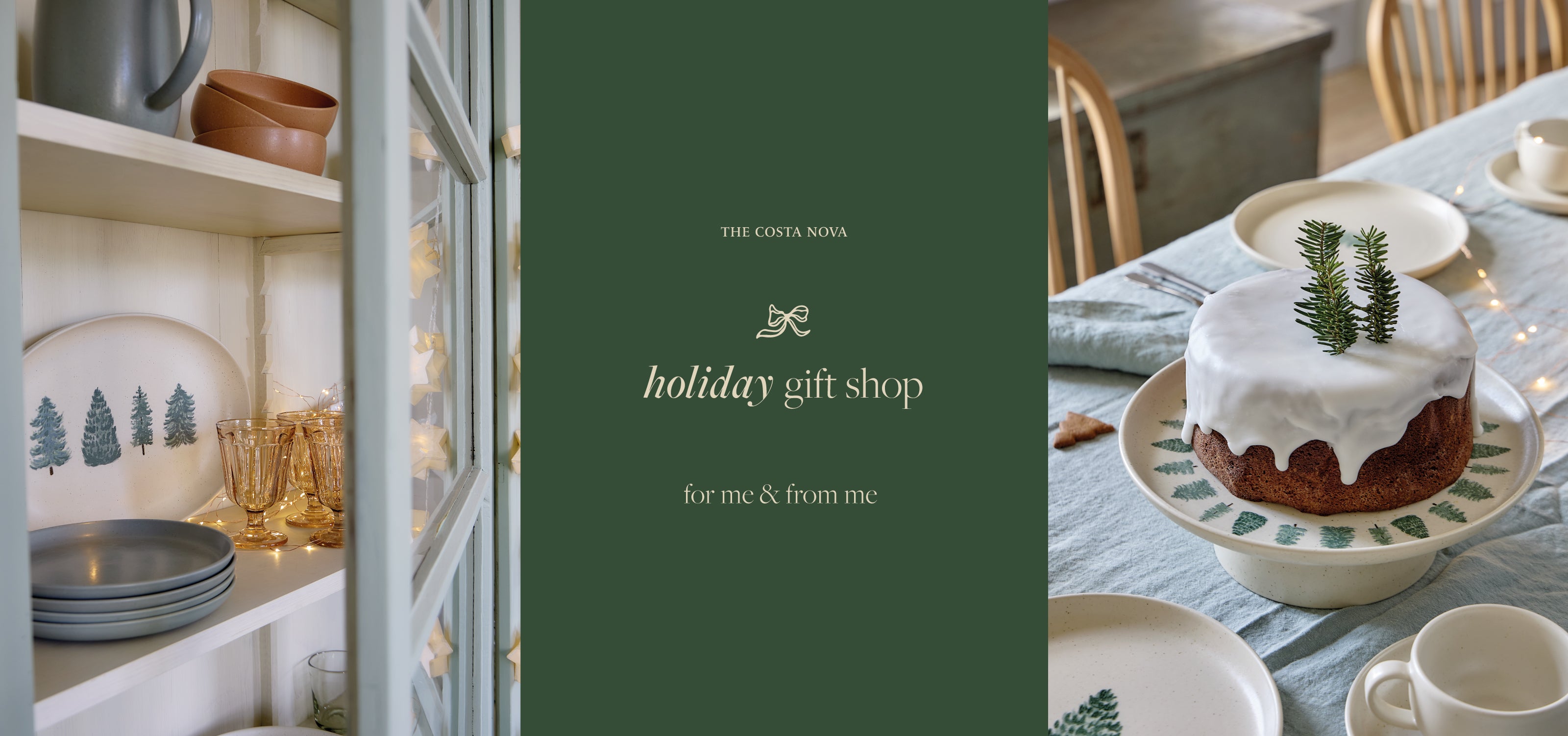 Christmas table by COSTA NOVA featuring stoneware in green, white, and gold tones, including cake plates, cups, and glasses with festive motifs.