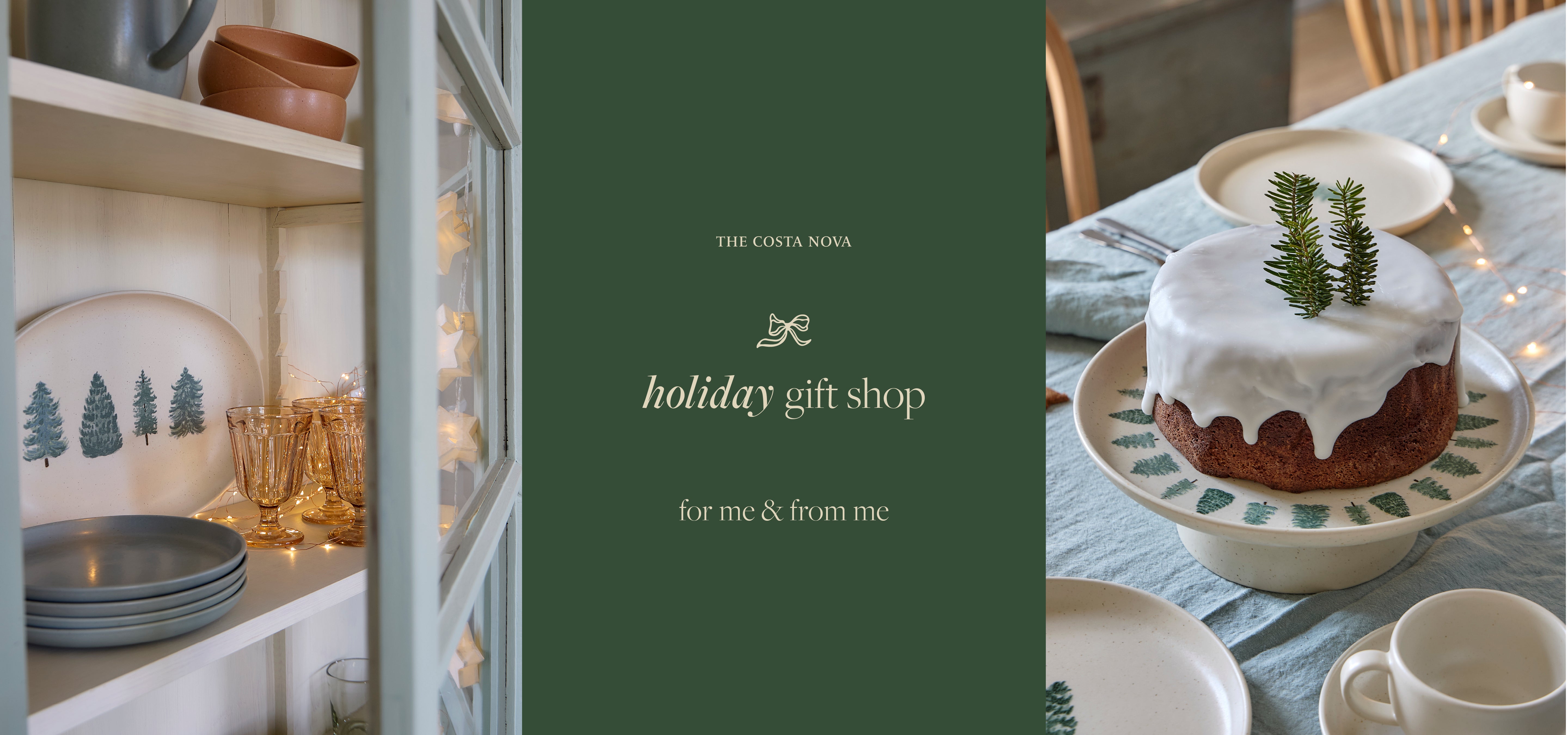 Christmas table by COSTA NOVA featuring stoneware in green, white, and gold tones, including cake plates, cups, and glasses with festive motifs.